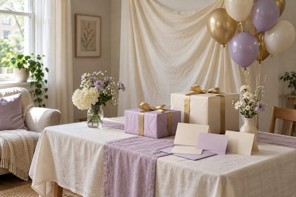 A decorated corner with a simple backdrop, a few flowers and a table for gifts and cards