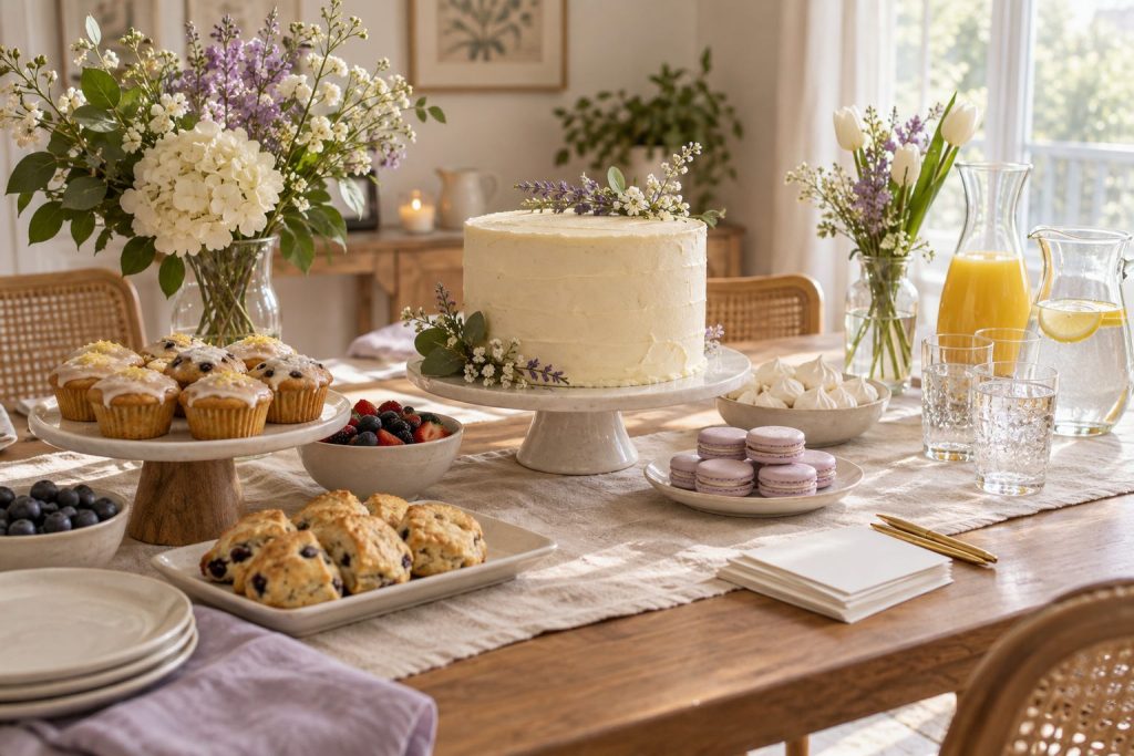 A baby shower brunch table with a cake, small desserts, flowers and a stack of advice cards