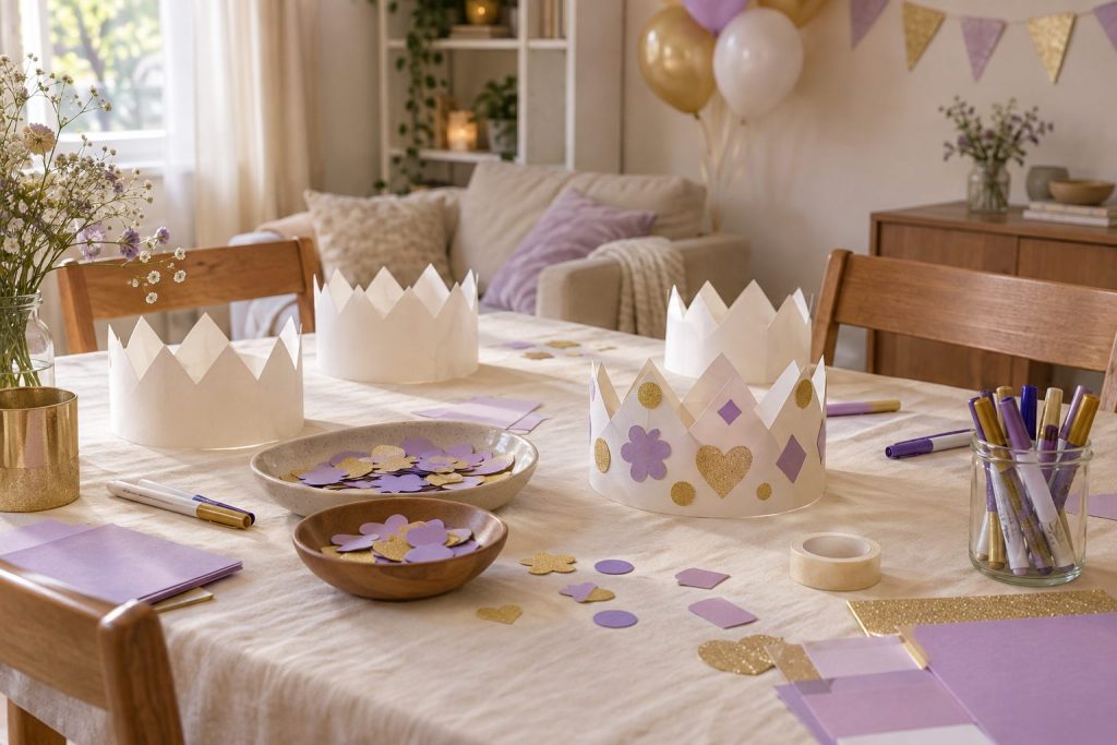 A table set up for a kids craft party with paper crowns, markers and a finished sample