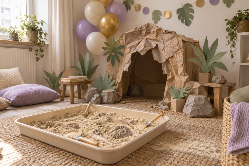 A small party corner with a cardboard cave and paper plants as a simple dinosaur-themed backdrop