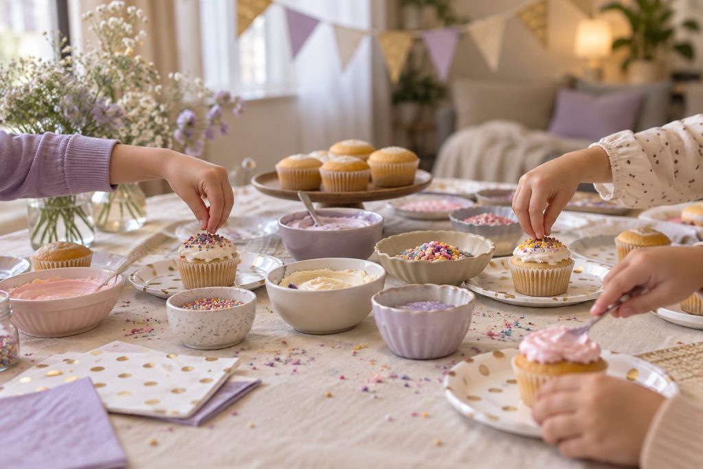 Children's hands decorating cupcakes with icing and sprinkles at a table set for a birthday party