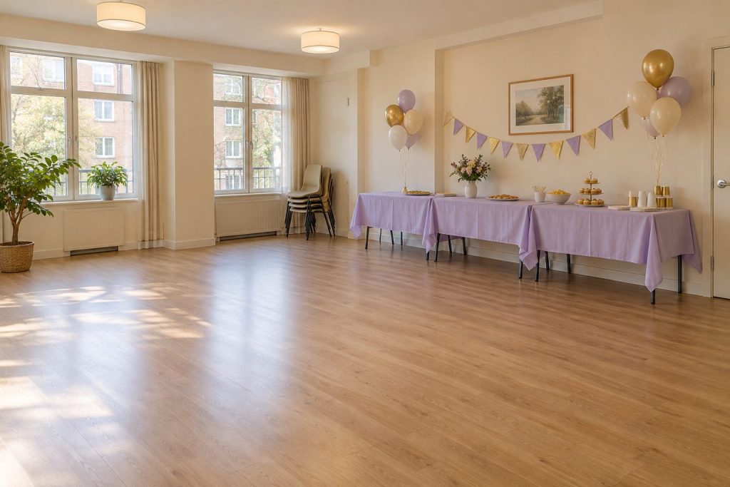 A party room with tables along one wall and a clear floor for children's games
